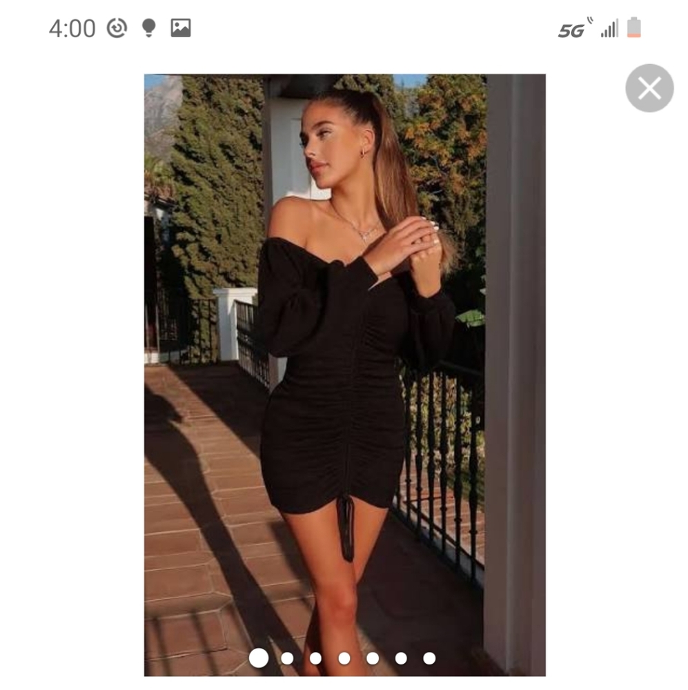 Black long sleeve scrunchie drawstring dress